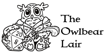 Anthropomorphic owl with bear claws and feet holding a quill in one claw and clutching a large 20-side die in the other with the text "the Owlbear Lair"